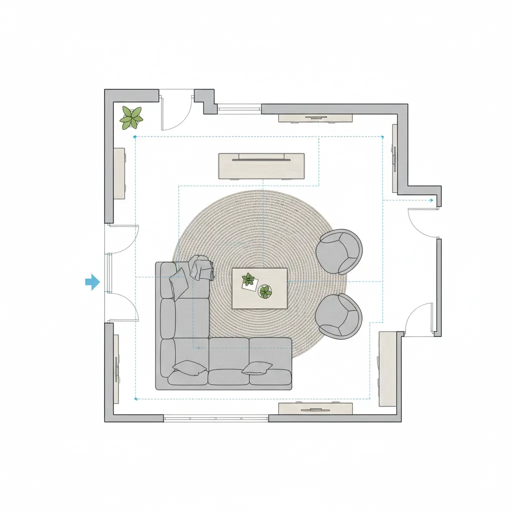Plano de distribución de un salón con muebles y zonas de circulación