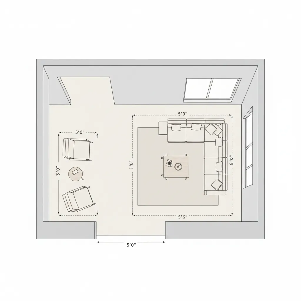living room floor plan demonstrating furniture spacing and walkway clearance