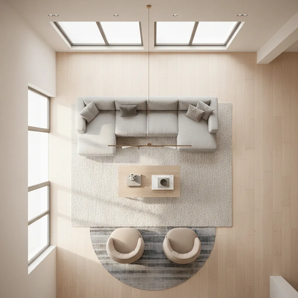 Living room layout planning with furniture arrangement and circulation paths