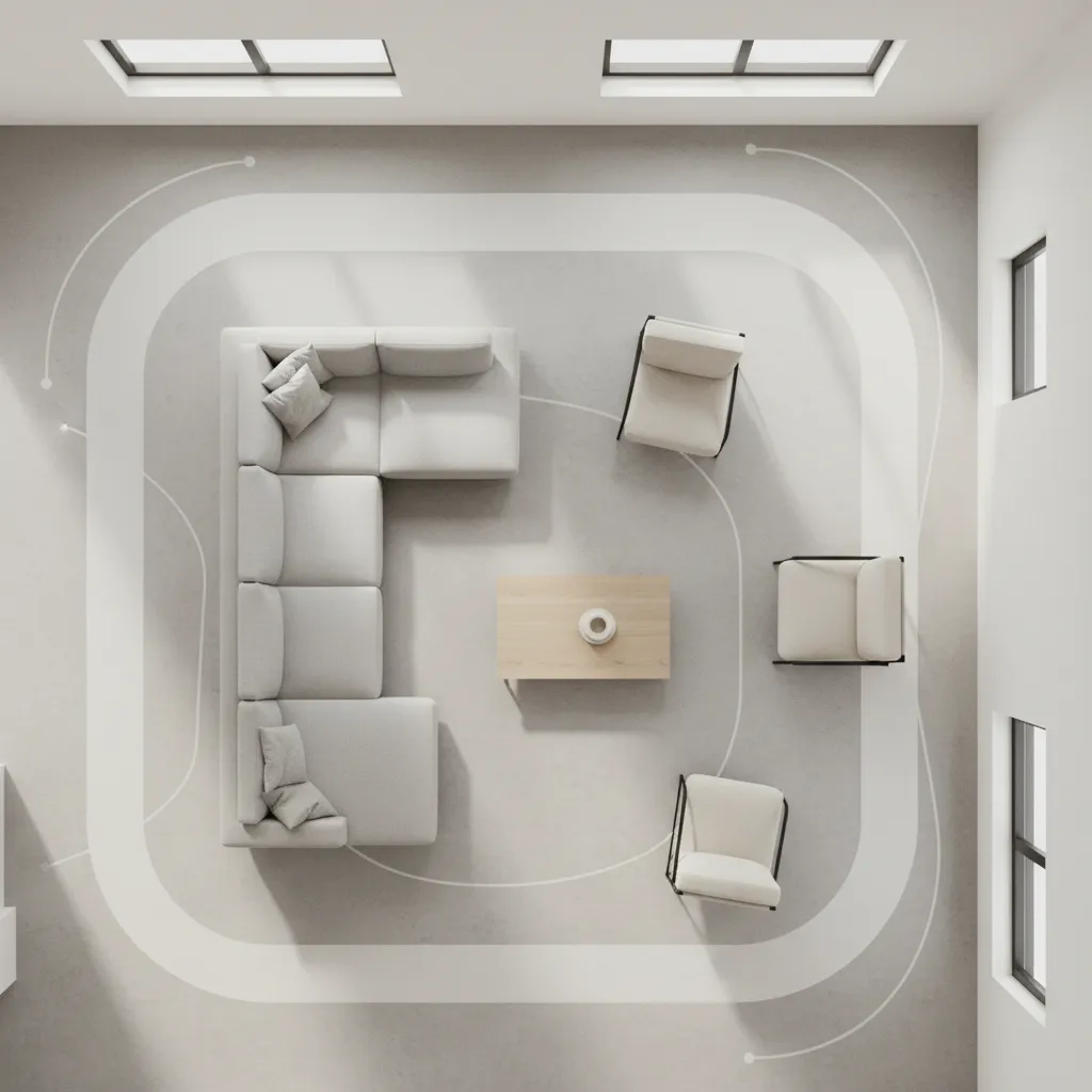 living room floor plan layout with furniture placement and circulation paths