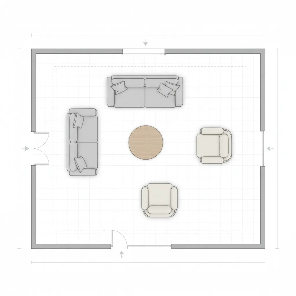 Living room floor plan showing furniture placement and circulation paths