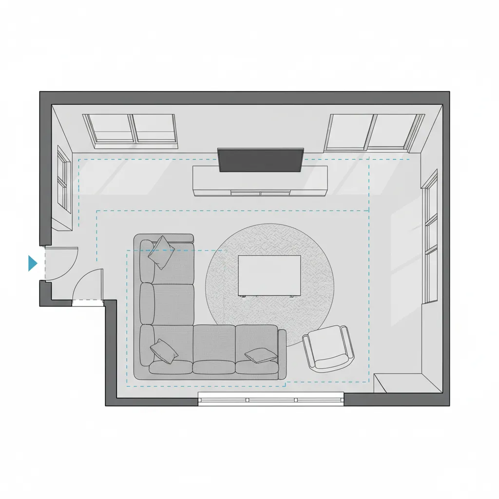 living room floor plan diagram showing sofa placement and walking paths
