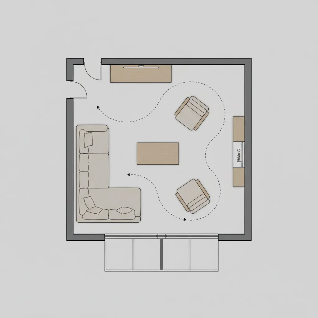 simple living room floor plan diagram showing traffic flow and furniture placement