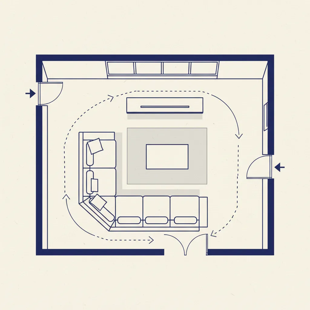 Living room floor plan layout diagram with furniture placement and walking paths