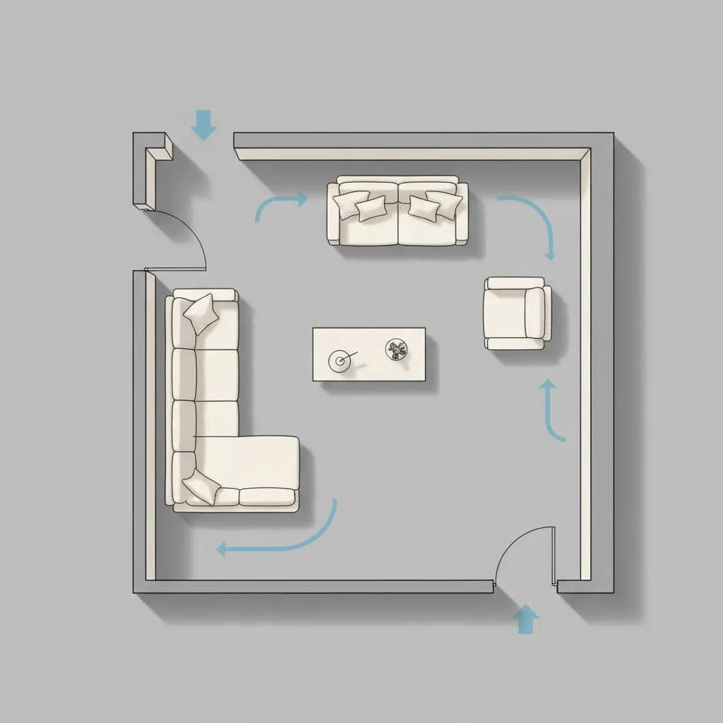 Top view living room floor plan showing sofa, coffee table, circulation paths, and seating layout
