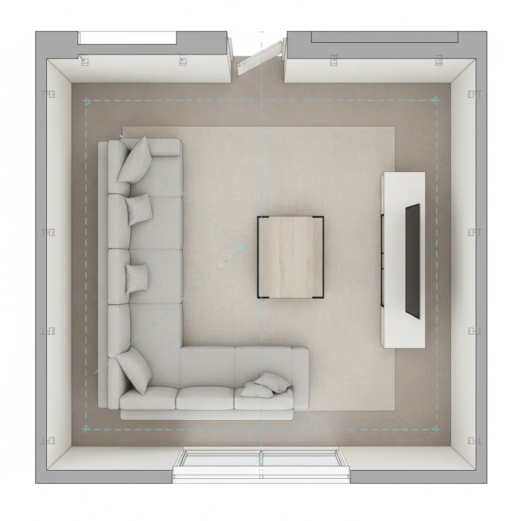 living room floor plan layout with furniture spacing and walking paths