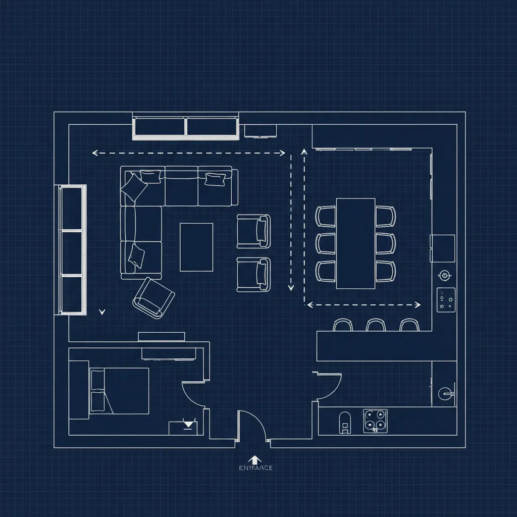 Example living room floor plan layout showing circulation space
