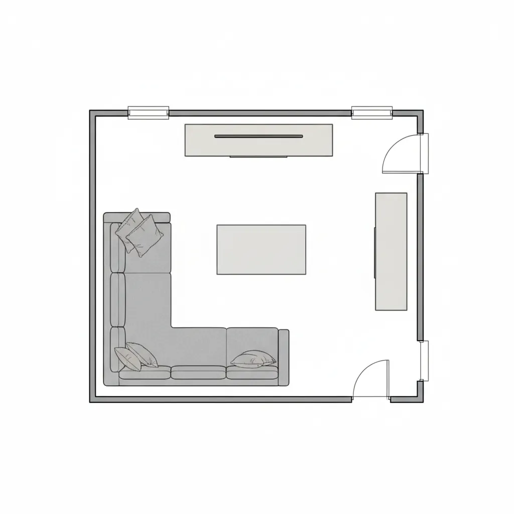 Top view living room floor plan with sofa, coffee table and walking paths