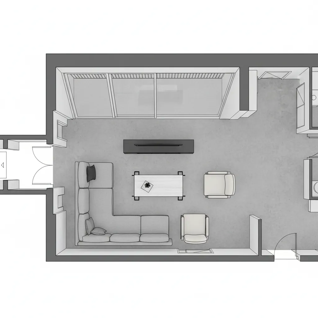 Top view digital living room floor plan showing furniture layout and walking paths
