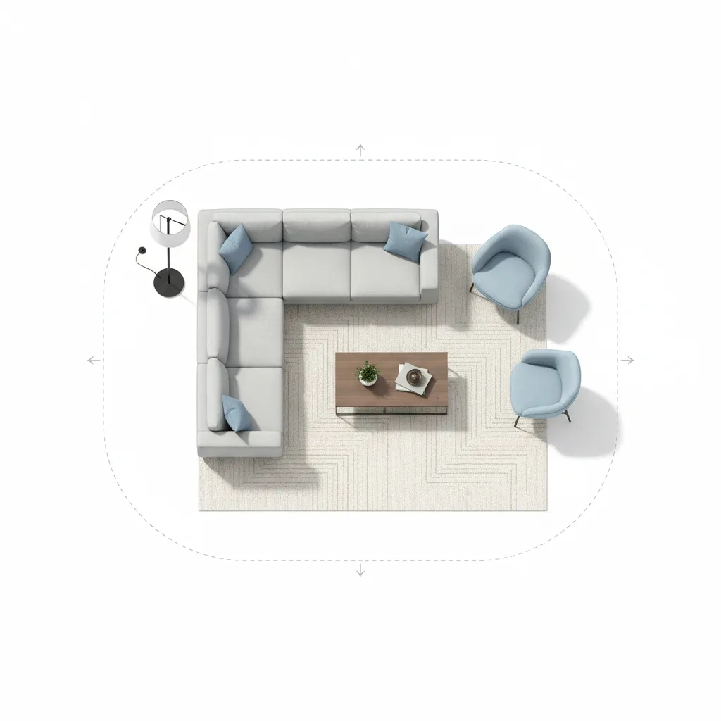 Top view living room floor plan showing sofa, coffee table and circulation space