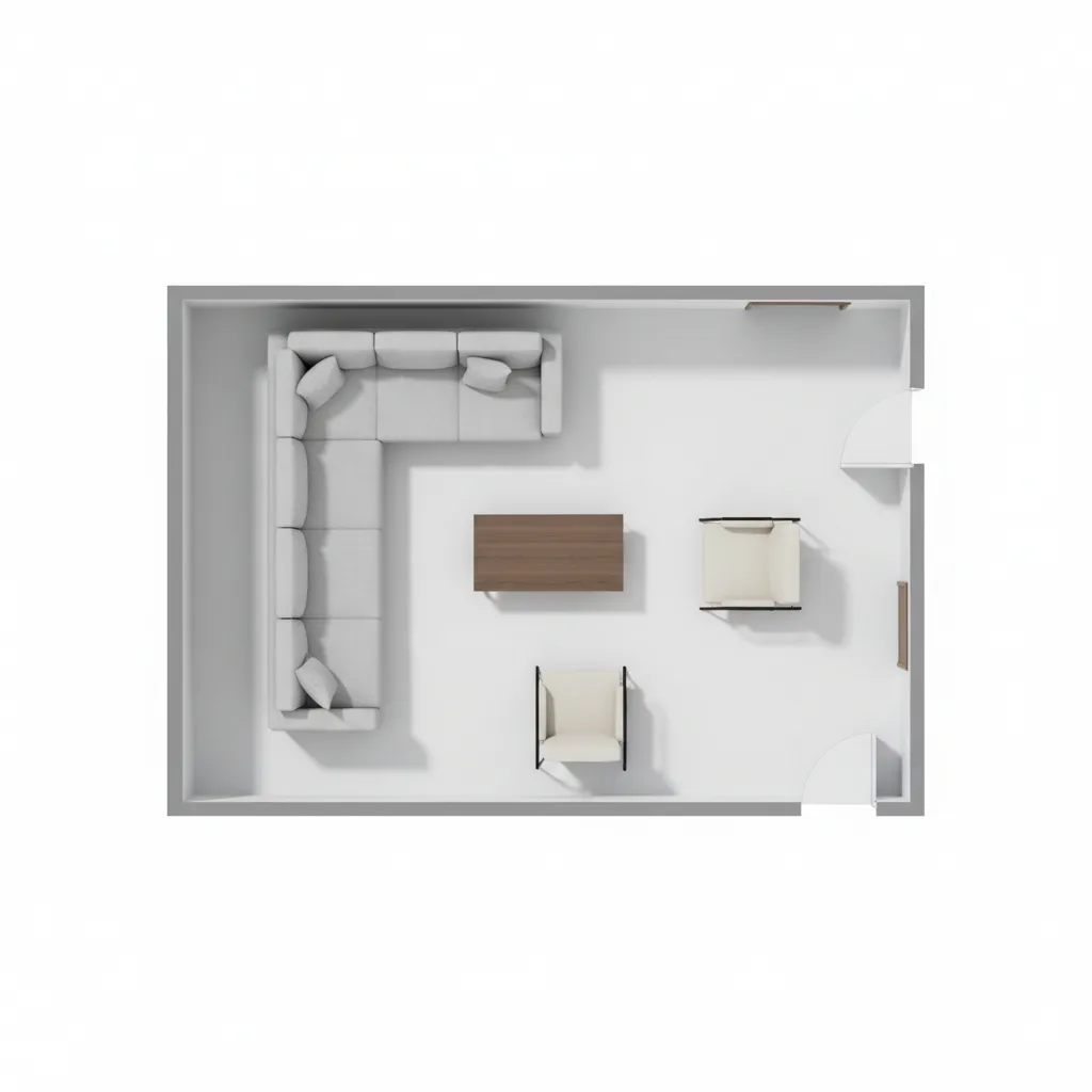 Top view living room floor plan with sofa chairs and circulation paths