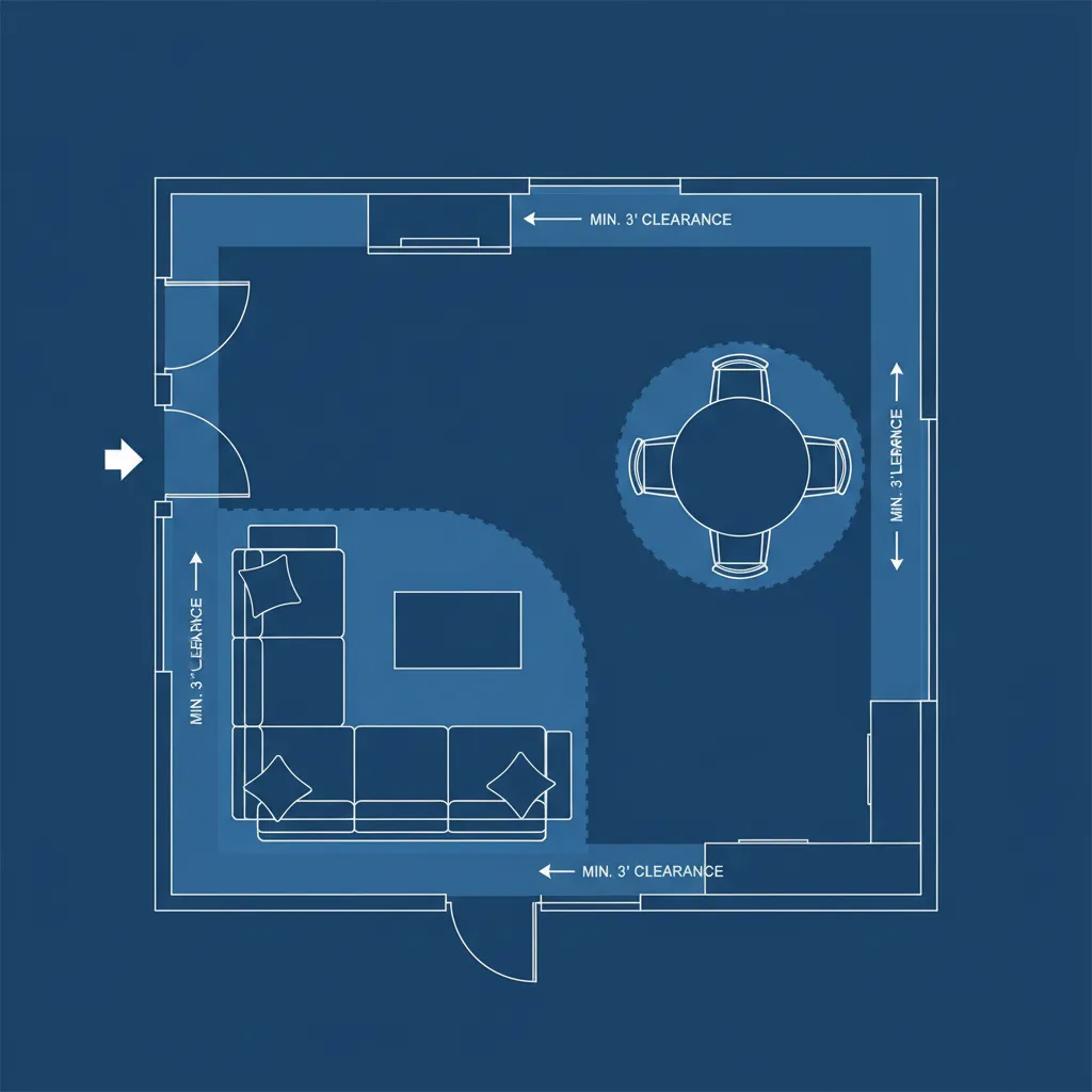 Scaled living room floor plan with sofa table and circulation space marked