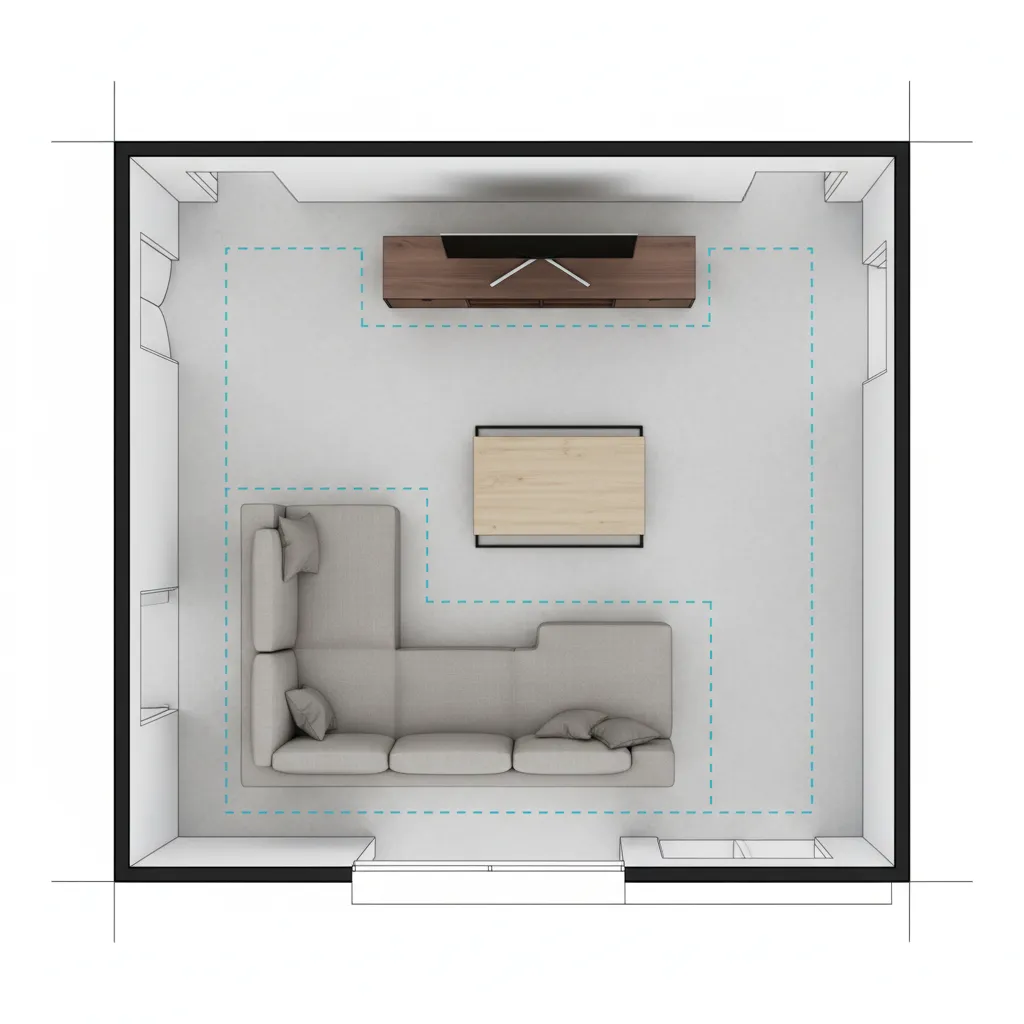 living room floor plan showing sofa table and walkway spacing