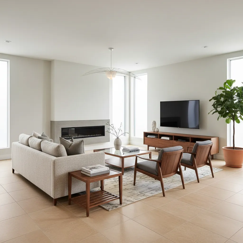 living room interior showing coordinated floor tile color with furniture