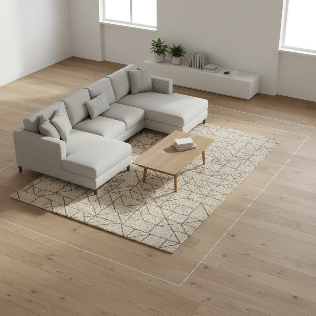 3D living room floor layout visualization showing furniture placement and flooring