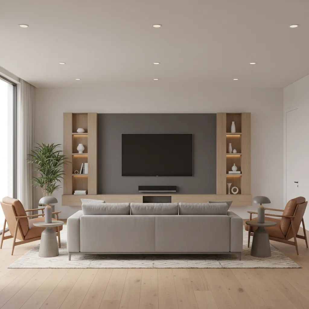Living room seating centered around TV focal point in rectangular room