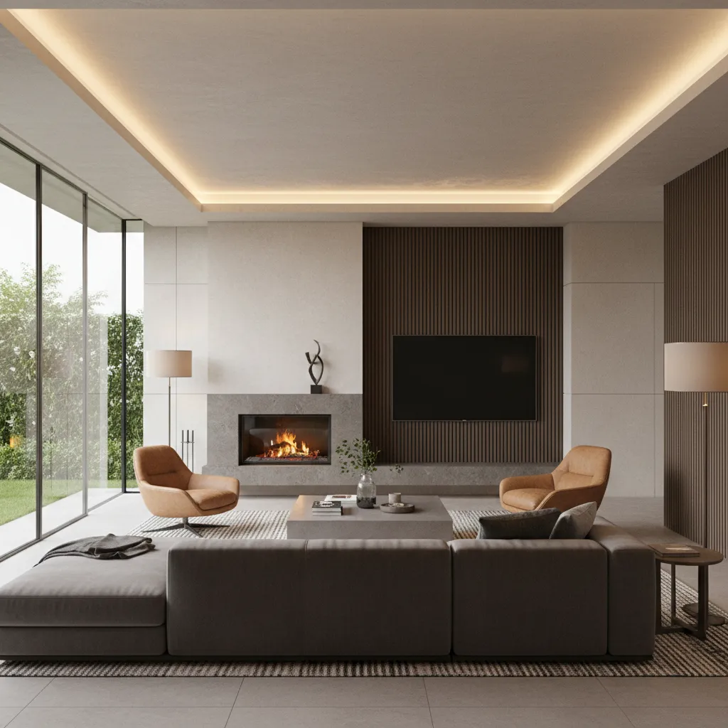 Modern living room showing balanced focal points with fireplace and television layout
