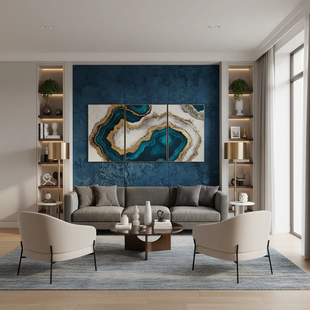 Sala con punto focal claro en pared con arte y sofá orientado hacia ella