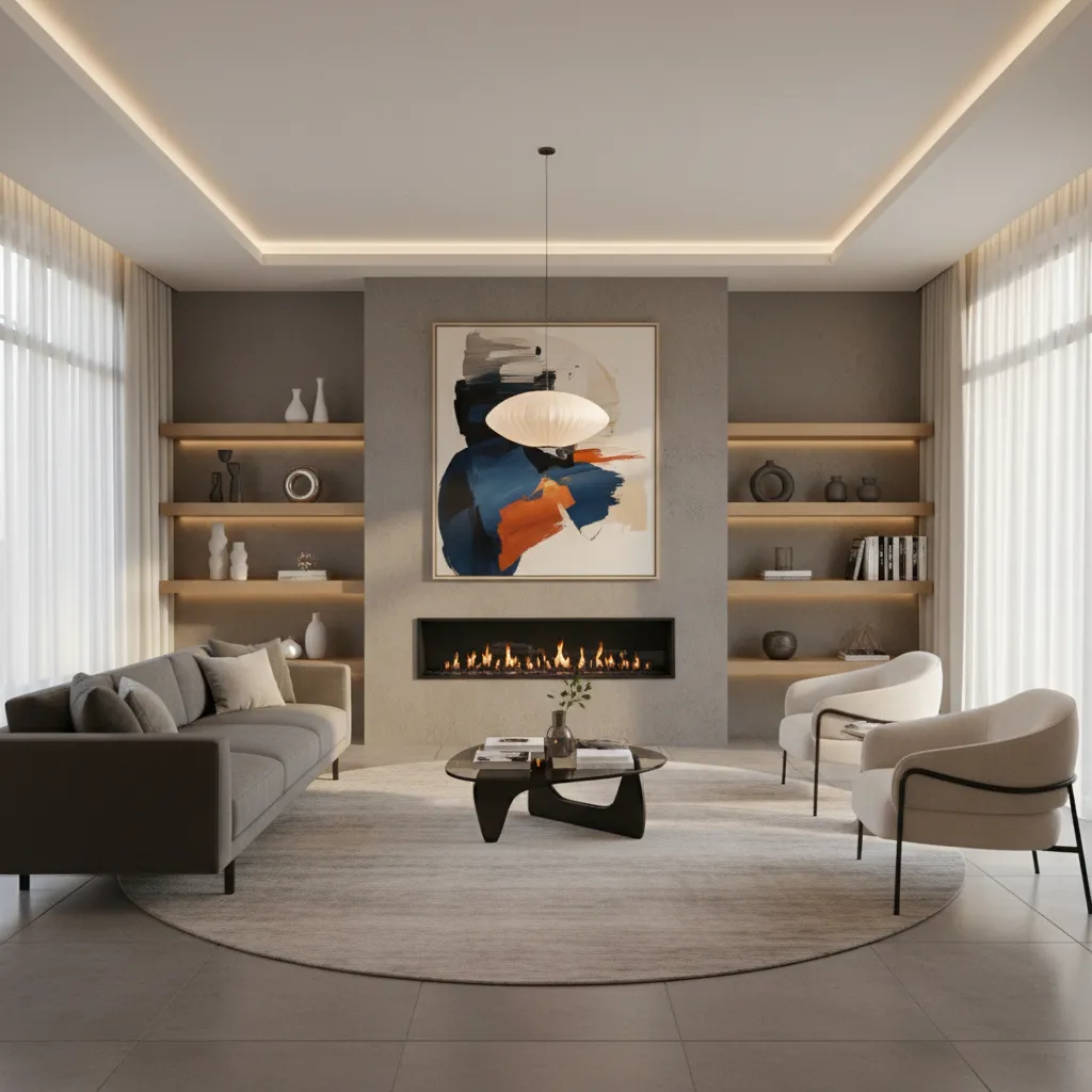 Sala de estar con un punto focal claro como una chimenea y sofá orientado