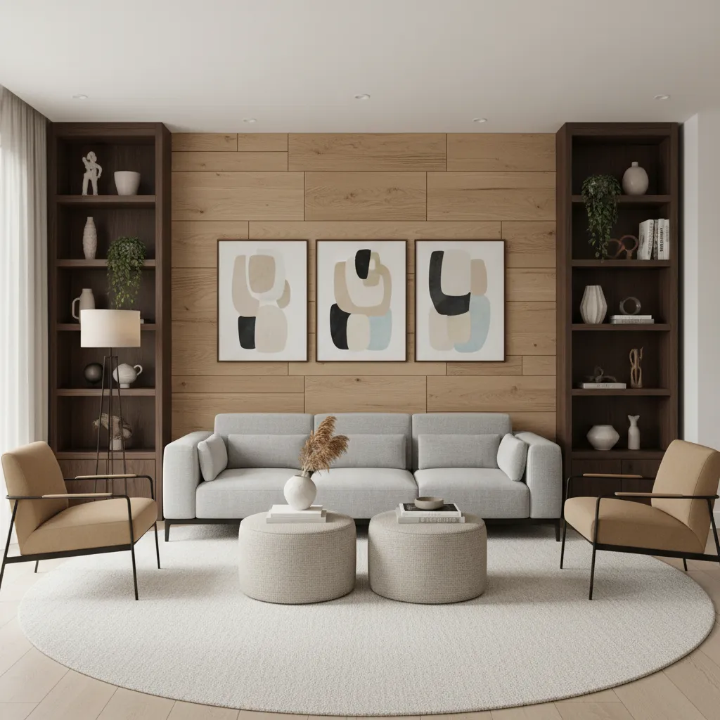 Salón con punto focal claro alrededor de un sofá y una pared decorativa