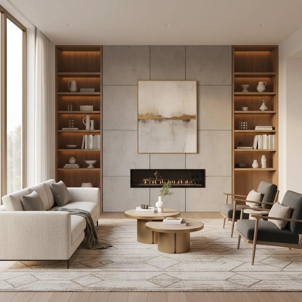 living room with clear focal point feature wall and centered seating layout