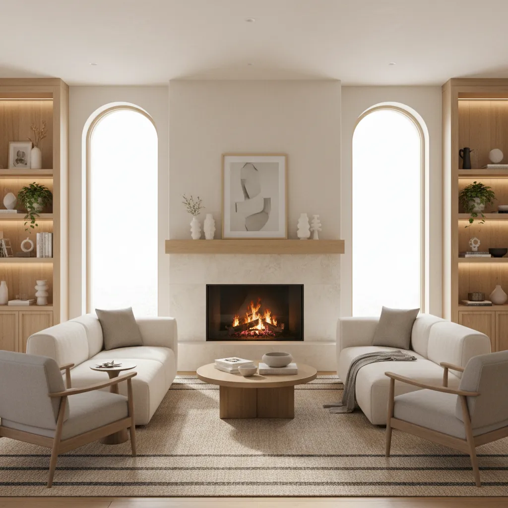 Living room furniture arranged around a fireplace focal point