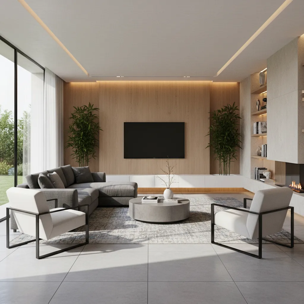 Sala de estar mostrada en perspectiva frontal con composición equilibrada