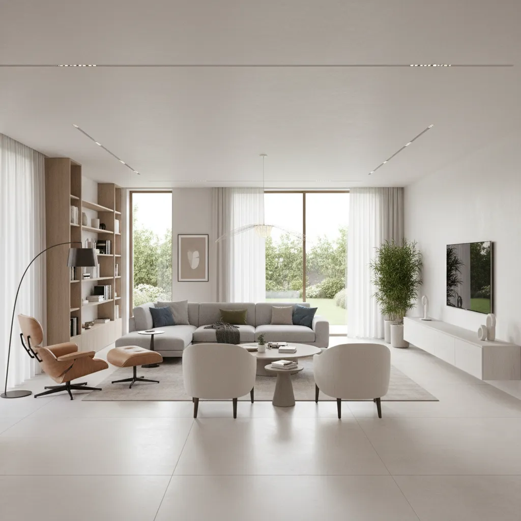 Living room divided into functional zones like conversation area reading corner and media space