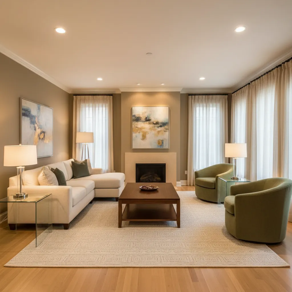 Interior designer furniture grouping with sofa and swivel chairs in rectangular living room