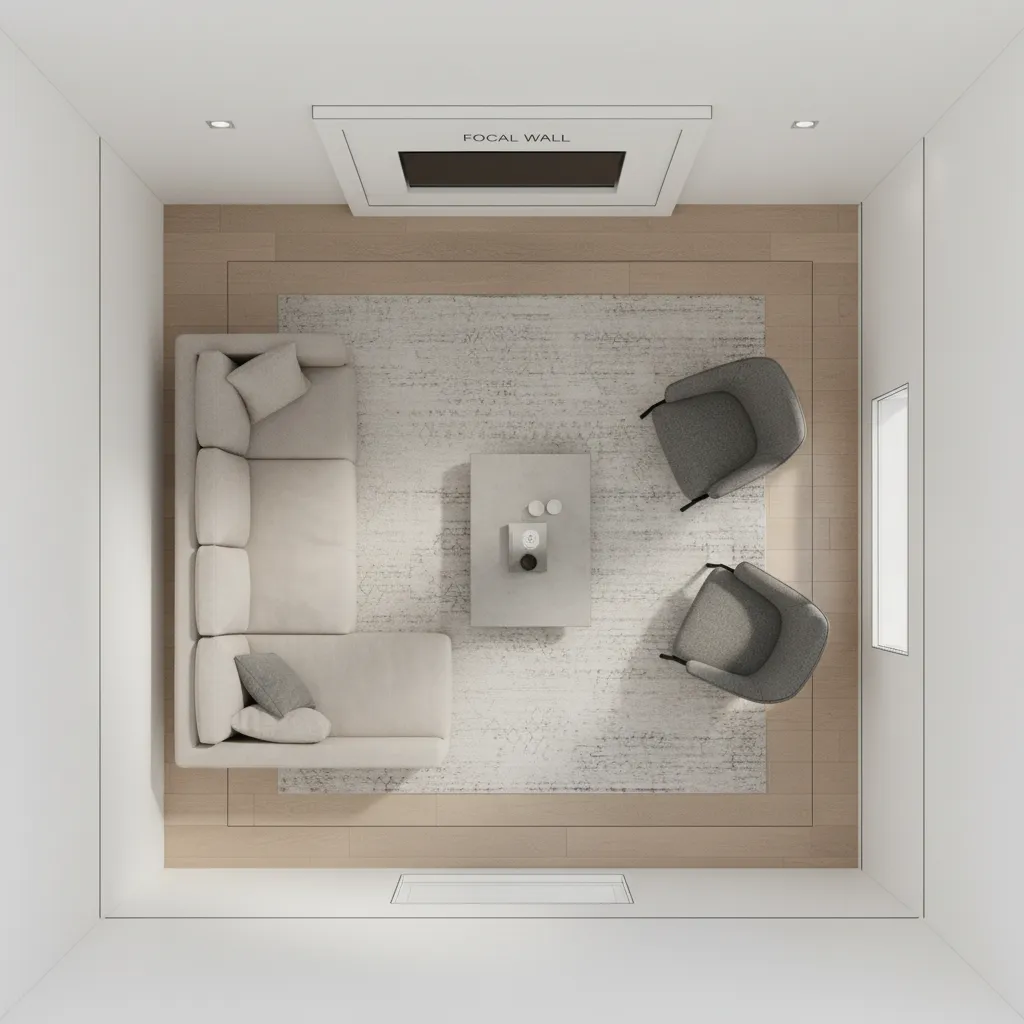 Living room seating layout showing sofa, chairs, and circulation paths