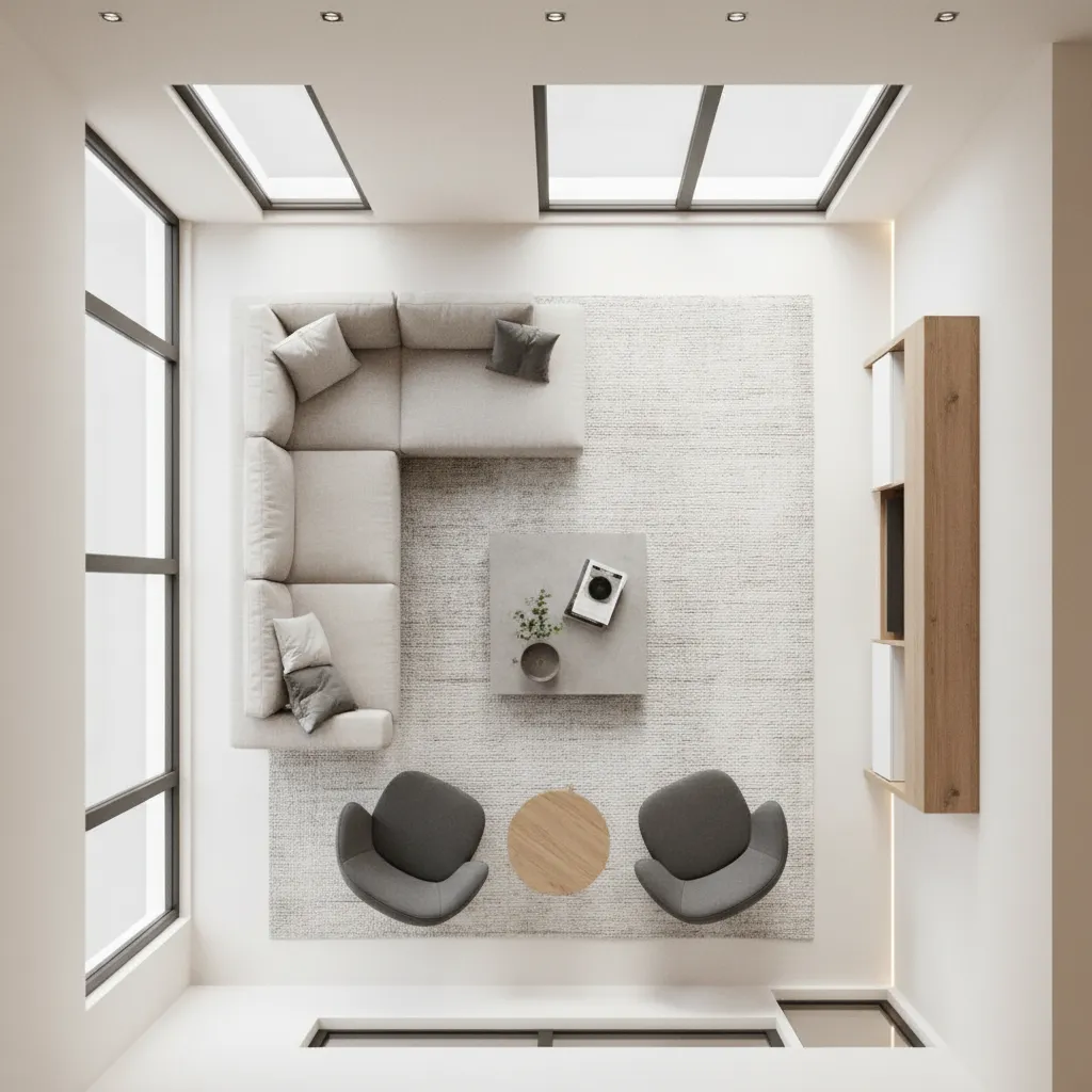 distribución de muebles en sala con sofá sillones y mesa de centro