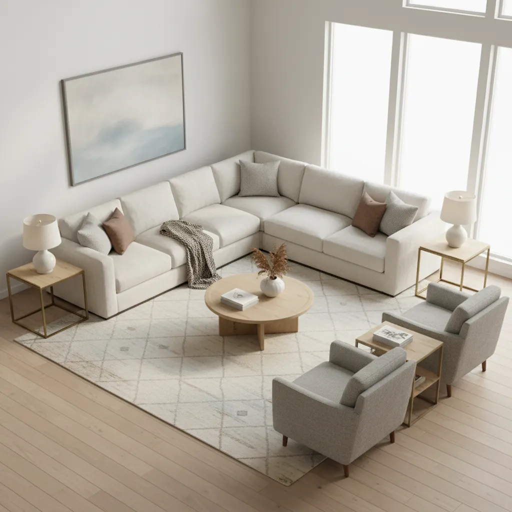 Living room furniture arranged in a balanced conversation layout