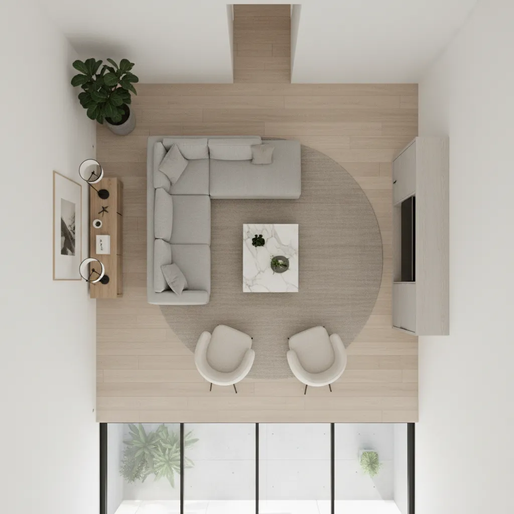living room floor plan with sofa coffee table and circulation space