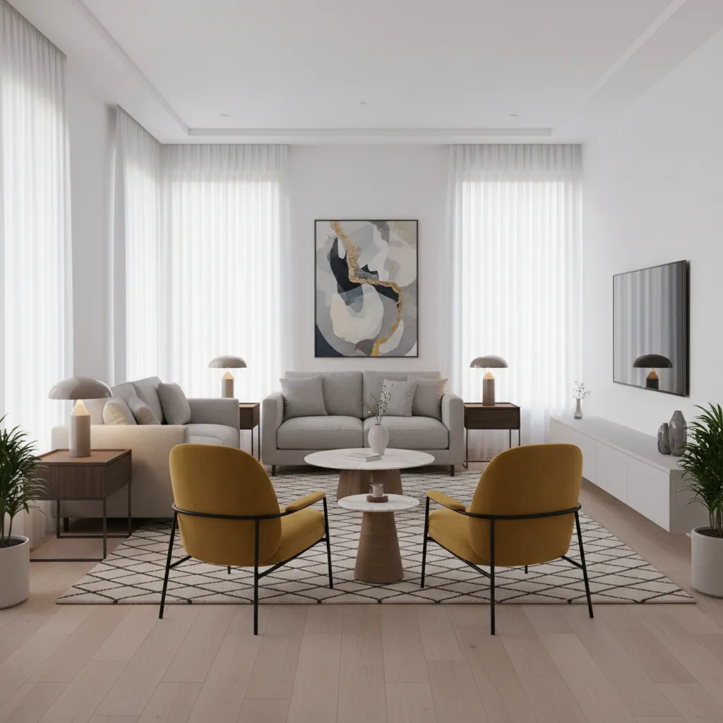 living room furniture layout showing sofa pulled away from wall with rug