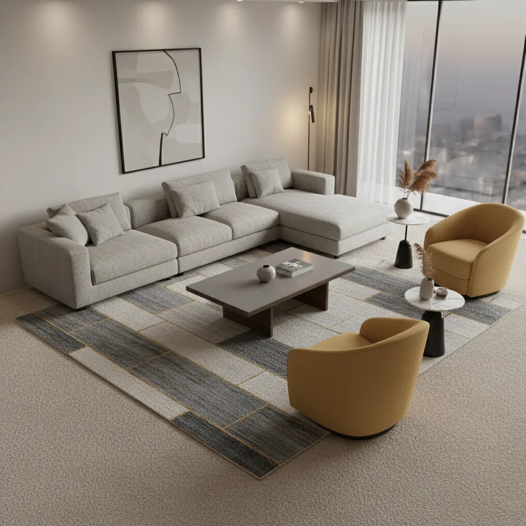 Furniture layout example for living room with beige carpet and layered rug
