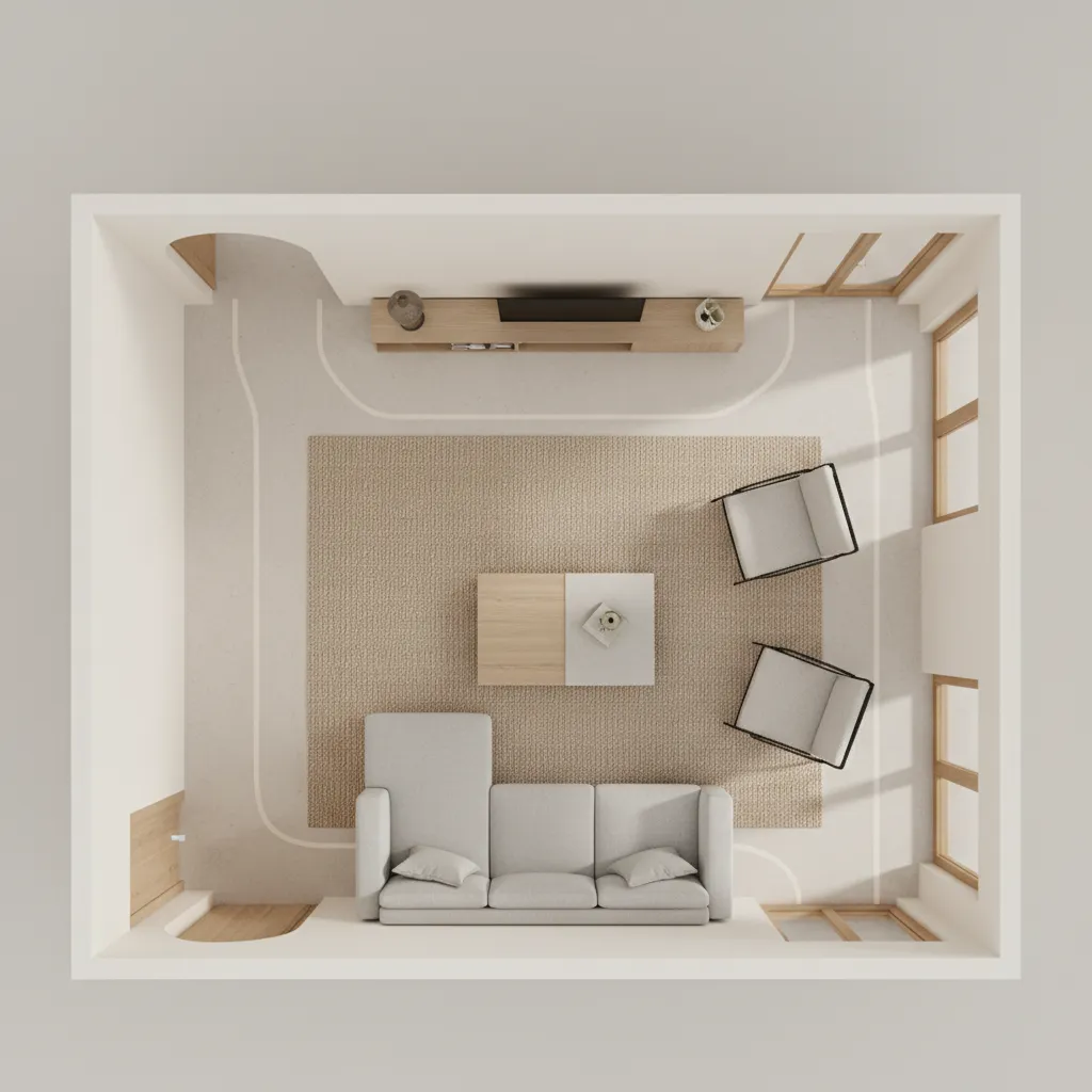 top view living room furniture layout planning with sofa and circulation space