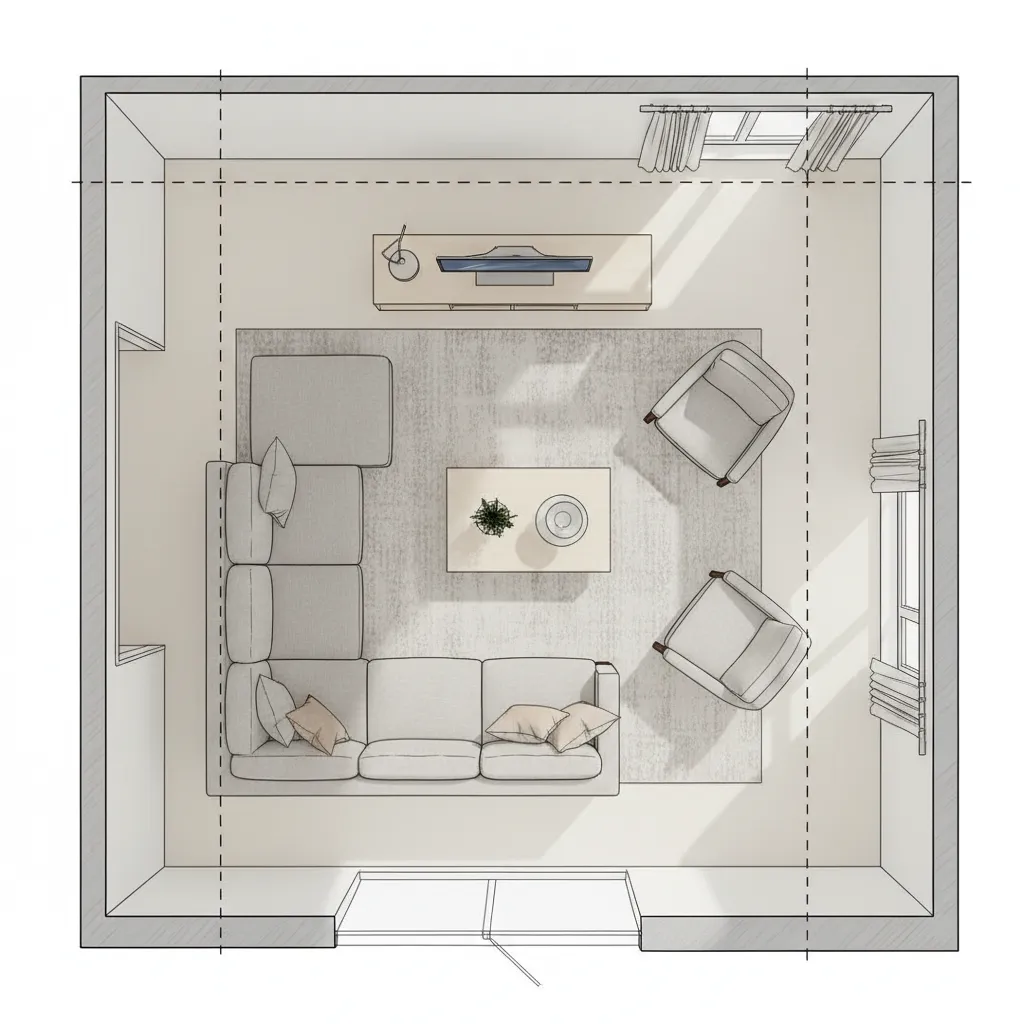 Top view furniture layout planning for a living room inside a floor plan