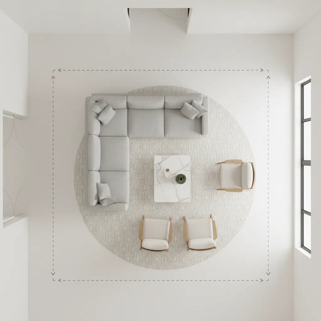 top view living room furniture layout showing sofa coffee table and walking paths