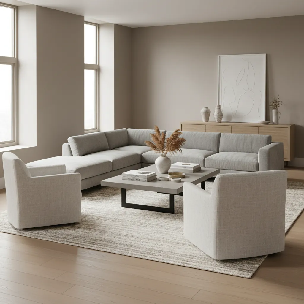 living room furniture arranged in conversation zone with sofa chairs and coffee table