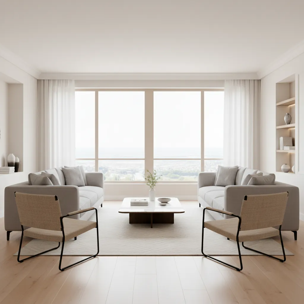 Modern bright living room with two grey sofas white coffee table and large windows curtains
