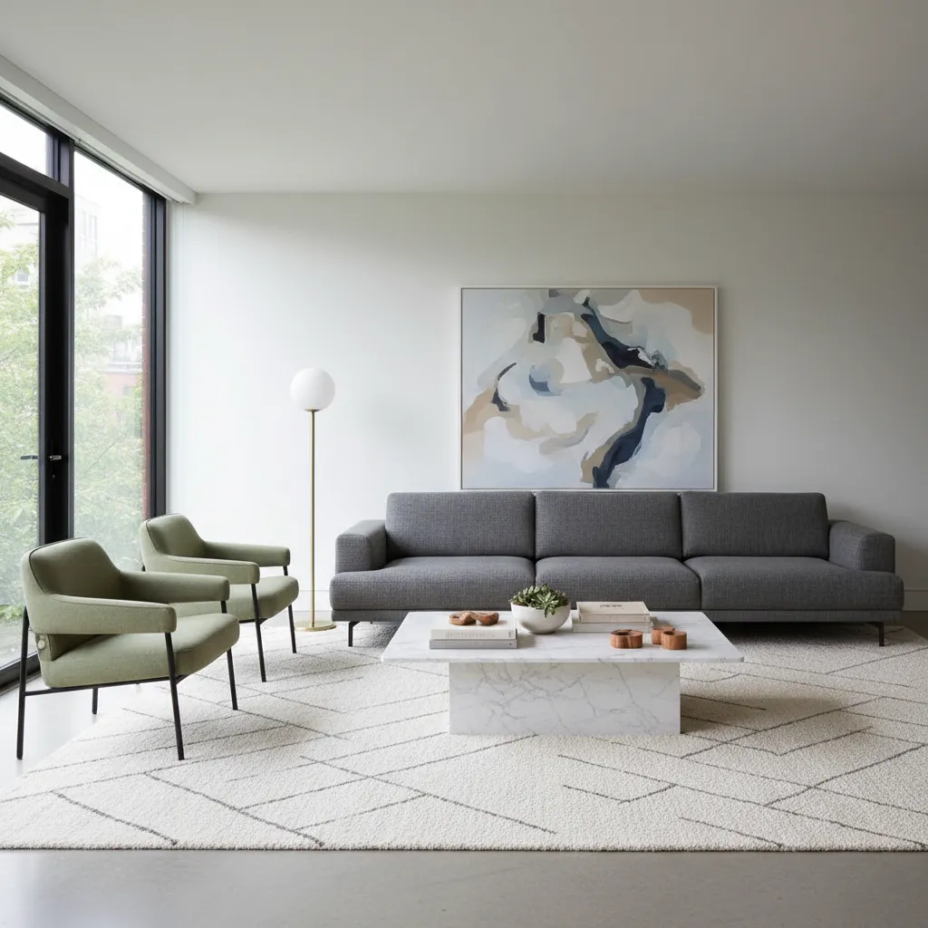 Modern living room featuring grey sofa, green chairs, marble coffee table, large painting, white rug