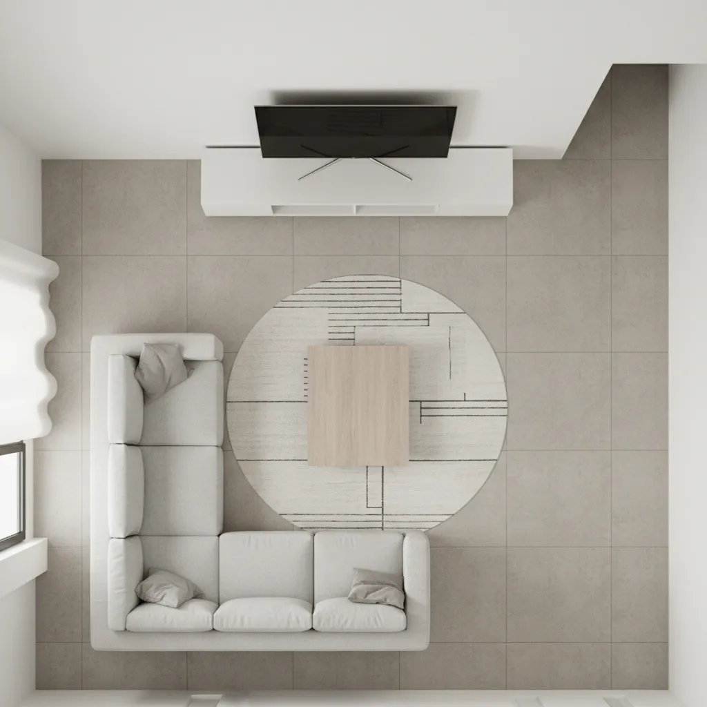 Top view living room layout with white sofa round rug coffee table and wall television