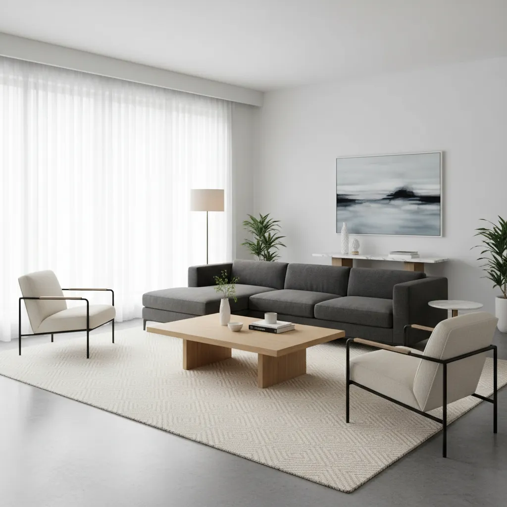 Living room showing correct furniture scale with sofa coffee table and rug proportions
