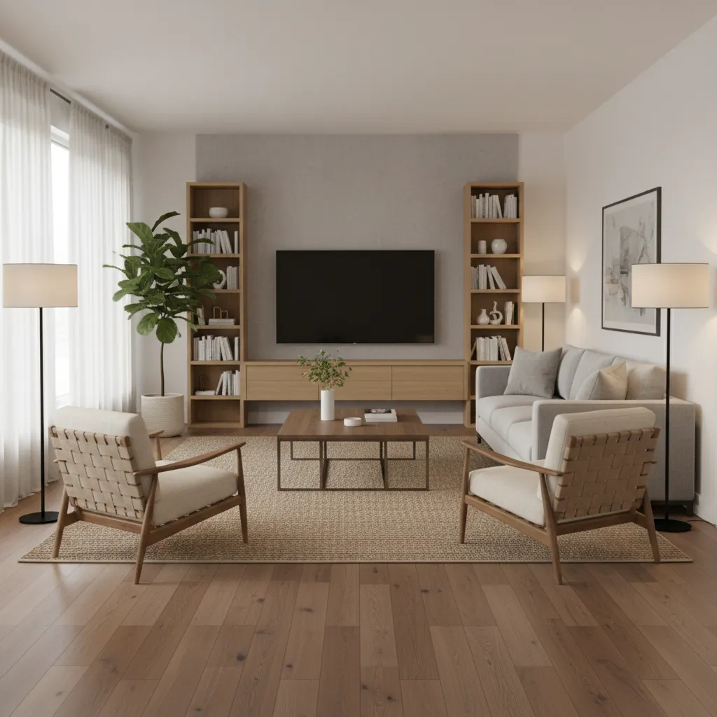 Balanced furniture scale in a medium rectangular living room layout