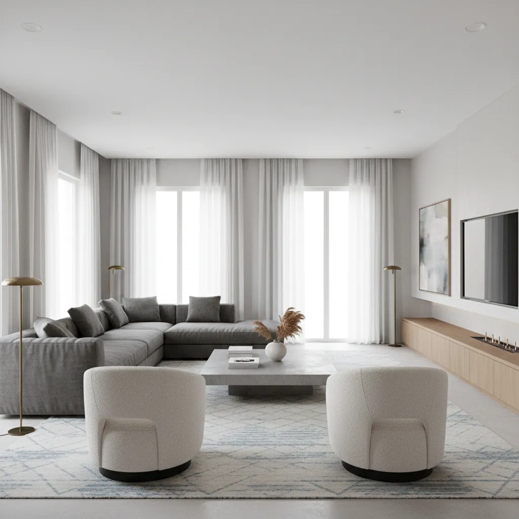 Large sofa and properly scaled furniture in a spacious rectangular living room
