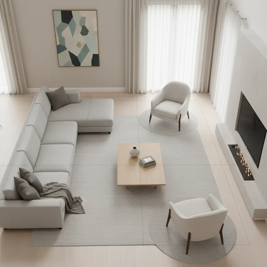 living room furniture spacing example with sofa chairs and coffee table distances