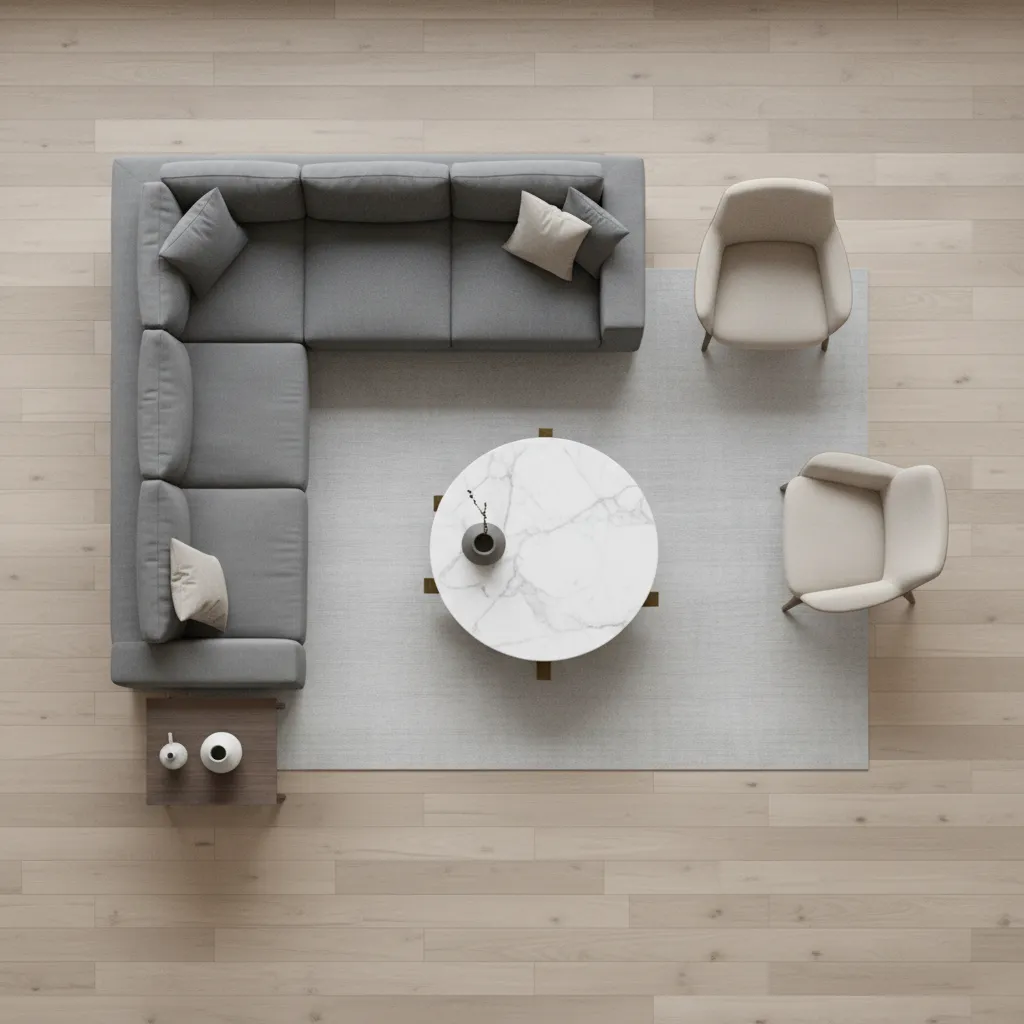 Living room layout diagram showing spacing between sofa chairs and table
