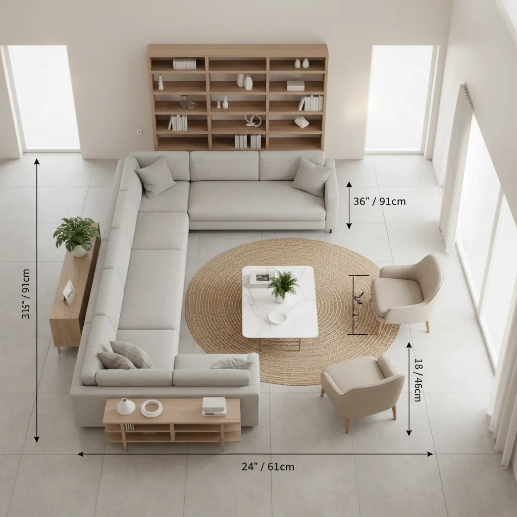 living room spacing diagram showing sofa coffee table and walking path distances