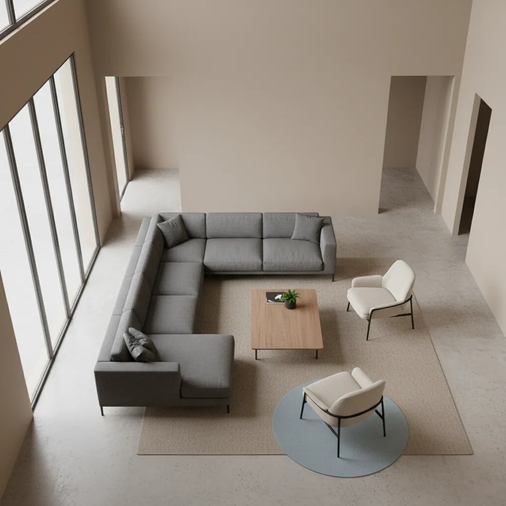 Living room furniture spacing example showing sofa coffee table and walkway clearance