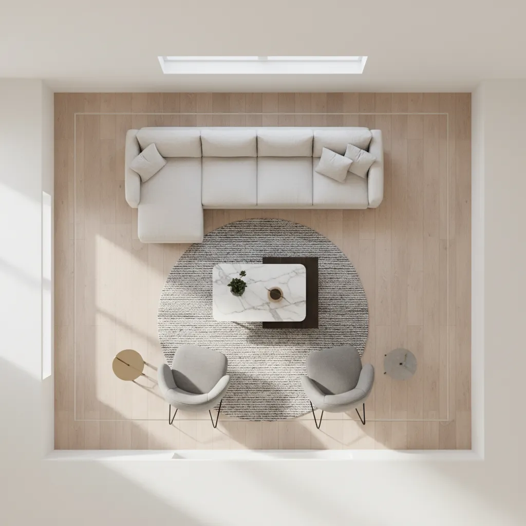 living room furniture spacing layout showing sofa coffee table and walkway clearances